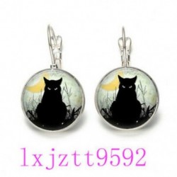 Fekete macska hold üvegben cabochon (18 mm) kar hátsó fülbevalók ezüst női ékszerek