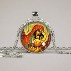 Vintage Madonna / gyermek Jézus fotó cabochon üveg ezüst lánc medál nyaklánc