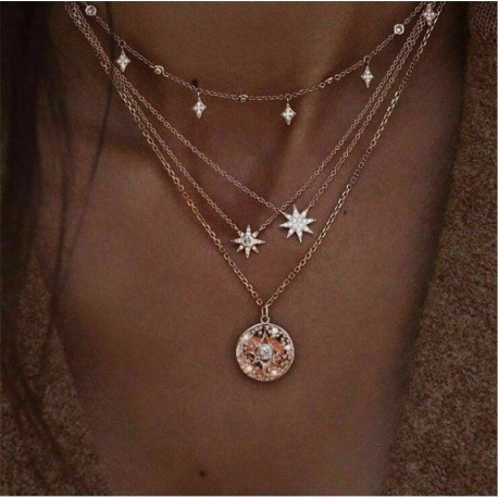 * 121 Choker csillag kristálylánc ... - Többrétegű női női ötvözet kulcscsont choker nyaklánc bűbáj lánc ékszerek