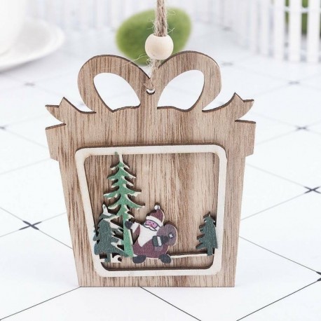 1db 10x10cm-es Ajándékdoboz alakú fa dísz - Télapó - Mikulás mintával - Karácsonyi dekoráció