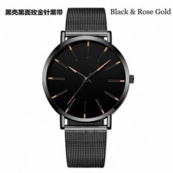 Fekete és rózsa arany - Divatos férfiak ultravékony minimalista karóra rozsdamentes lopás vékony acél pánt kvarc