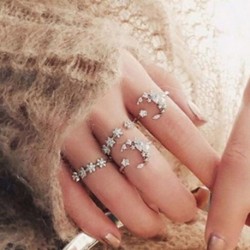 Nincs szín - 5db / készlet Boho kristály ezüstcsillag virág halmozott szikrázó gyűrűk vintage ékszerek