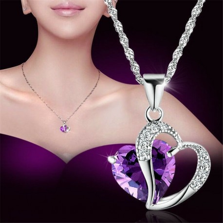 Lila szív) - Divat női szív kristály strassz ezüst lánc medál nyaklánc ékszer új