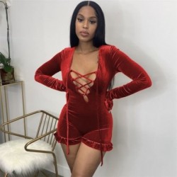 Szín: piros XXL - Akaily 2021 őszi barna, bársonyos nadrágtartó női jumpsuit Red Deep V Neck Bandage Bodycon Jumpsuit Női