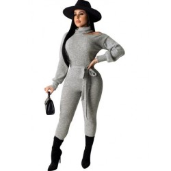 Szín: szürke L - Akaily Bandage Solid őszi body Jumpsuit for Women Club Outfit 2023, hosszú ujjú, kivágott vállú,