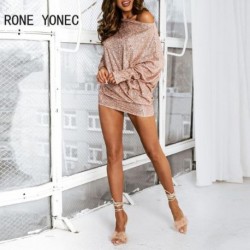 Szín: Champagne L - Női tömör szexidiagonális gallér flitterek denevérszárnyú ujjak Bodycon mini szexi parti ruhák