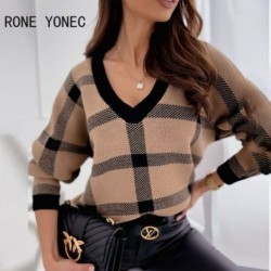 Szín: MULTI XL - Női elegáns, alkalmi kockás mintás V nyakú, hosszú denevér ujjú alapismeretek kötő felsők