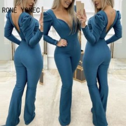 Szín: kék L - Női tömör, elegáns, mély nyakú, hosszú, felfújható ujjú Depp V hát nélküli cipzáras munkaruha