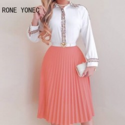 Szín: MULTI L - Női elegáns patchwork, lehajtható gallér, gomb, összecsukható, hosszú ujjú munkaszoknya szettek