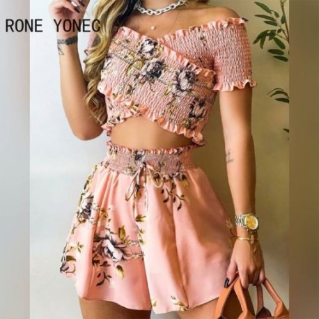 Szín: rózsaszín S - Női alkalmi, váll nélküli, rövid ujjú, virágmintás, összecsukható felső, szexi rövid szettek