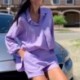 Szín: világos lila M - Női hosszú ujjú ing és zsebkivágású rövidnadrág szett nyári vakációs öltöny