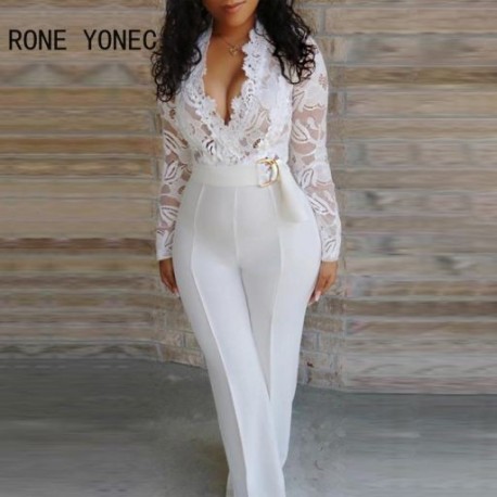 Szín: fehér L - Női tömör, szexi, mély V-nyakú hálós és csipkés vékony, egyenes jumpsuit