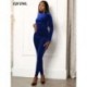 Szín: kék L - Vintage Solid Velvet Rompers Női Jumpsuit Csípő Magas Nyakú, Hosszú ujjú Party Body őszi Téli Női